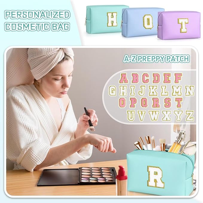 TOPEAST Preppy Stuff for Girls, Initial Makeup Bag Chenille Letter Pouch Cosmetic Bag with Zipper, PU Leather Waterproof Toiletry Bag, Cute Stuff Birthday Gift for Friends Sister (Blue T)