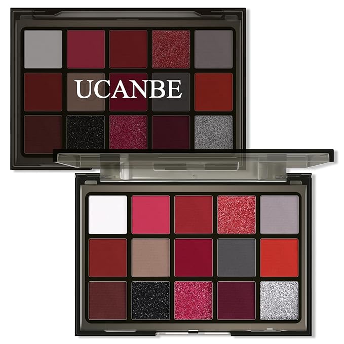 UCANBE Red Eyeshadow Makeup Palette, 15 Colors Burgunry Gray Silver Shimmer Matte Glitter Metallic Eye Shadow Pallet, Pigmented Make Up Kit for Halloween Parties Christmas Joker Vampire Clown