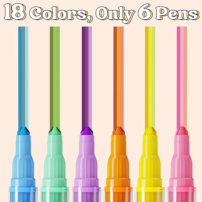 Triple-Tip Highlighters Assorted Colors, 6 Pack No-Bleed Highlighters with 3 Tips per Pen, 18 Multi Colors, Quick-Dry Ink for Journaling, Note Taking & Planner Supplies