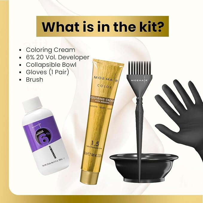 MOEHAIR Hair Coloring Kit | 6N Permanent Hair Color (Dark Blonde), 20 Volume Developer 6%, Coloring Brush, Gloves & Mixing Bowl | Keratin Infused Color | 100% Gray Coverage | Adds Shines & Softness
