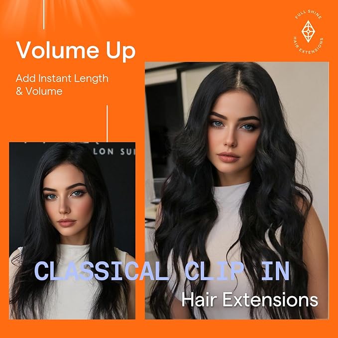 Full Shine Black Human Hair Clip in Extensions Triple Weft Remy Hair Extensions Clip ins Black Hair Extensions Real Human Hair for Women 12 Inch 7 Pcs 95 G