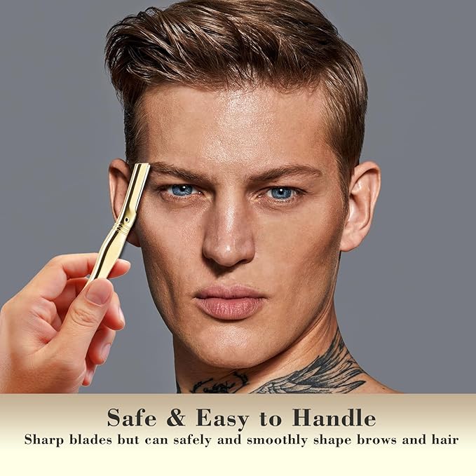 Eyebrow Razor for Women and Men, Face Razors for Women, Dermaplane Razor with Protective Silicone Cover, Reusable Metal Handle with 6 Refill Blades, Skin Care Tool, Gold