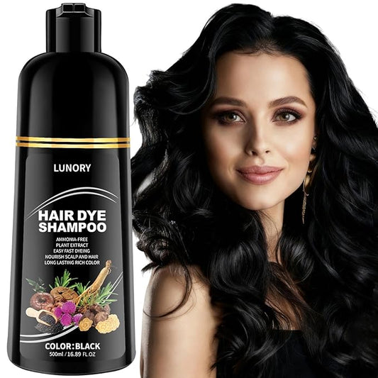 Black Hair Dye Shampoo for 100% Gray Coverage - 3 IN 1 Hair Color Shampoo with Argan Oil & Ginseng, Ammonia & Paraben Free, Long Lasting Semi-Permanent Natural Color for Women & Men (500ml)