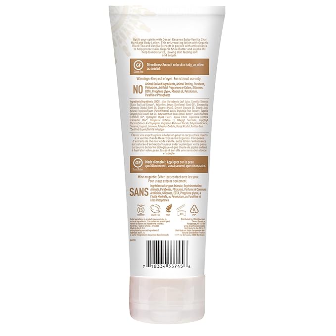 Desert Essence Spicy Vanilla Chai Hand & Body Lotion, Uplifting, Smoothes & Softens Skin, No Greasy Residue, Aloe Vera, Shea Butter, Vitamin E, 8 Fl Oz