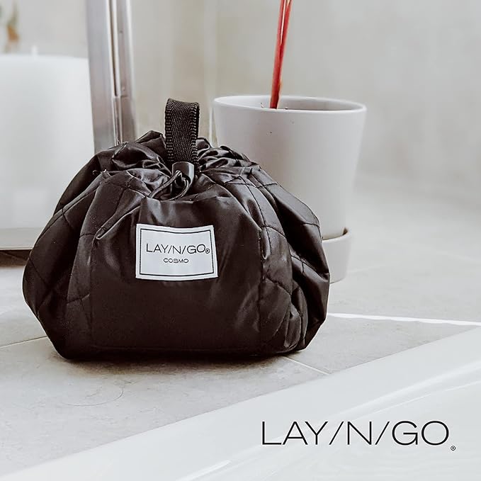 Lay-n-Go Cosmo Layflat Drawstring Cosmetic & Makeup Bag Organizer - Portable Drawstring Bag w/Zipper Pocket, Makeup Loops & More - Durable, Machine Washable Toiletry Bag for Travel (22", Blue Paisley)