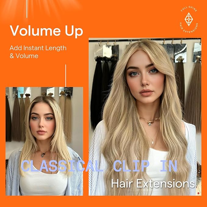 Full Shine Clip in Hair Extensions Blonde Highlights Real Hair Extensions Clip in Human Hair Color 16P22 Golden Blonde Highlighted Straight Full Head 7 Pcs 22 Inch 120 G