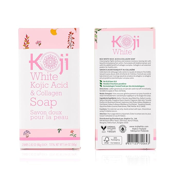 Koji White Kojic Acid & Collagen Skin Brightening Soap for Face & Natural Glowing Skin - Moisturizer, Body Cleansing Bar, Reduce the Appearance of Wrinkles, Vegan, Paraben-Free, 2.82 oz (2 Bars)