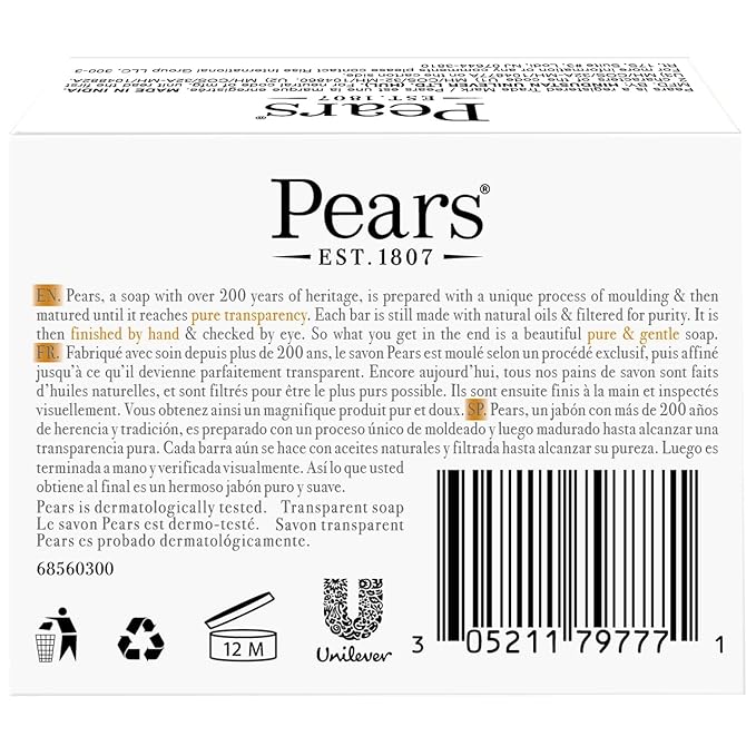 Pears Glycerin Soap, Transparent Amber with Natural Oils, 3-Pack – Pure & Gentle Cleanser for Soft, Glowing Skin, 3.53 Oz Ea