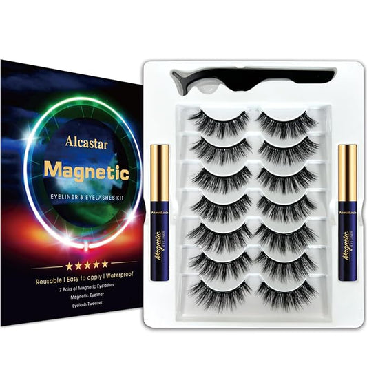 Alcastar Magnetic Eyelashes with Eyeliner Kit, Light weight Magnetic Lashes Natural Look, Reusable,Long Lasting, (cat eye7-2-010)