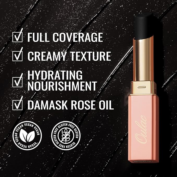 Oulac Black Lipstick for Women, Halloween Matte Lipsticks, Full Coverage Lip Color, Satin Matte Finish, Cream Texture, Hydrating, Infused with Hyaluronic Acid, Vegan & Clean Beauty 4g SG16