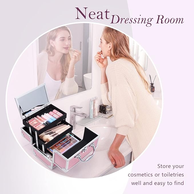 FRENESSA Makeup Train Case Makeup Box Organizer Portable Cosmetic Travel Case Makeup Case with Mirror Locking Make Up Cases Organizers and Storage for Nail Supplies Hard Cosmetic Box Shiny Pink