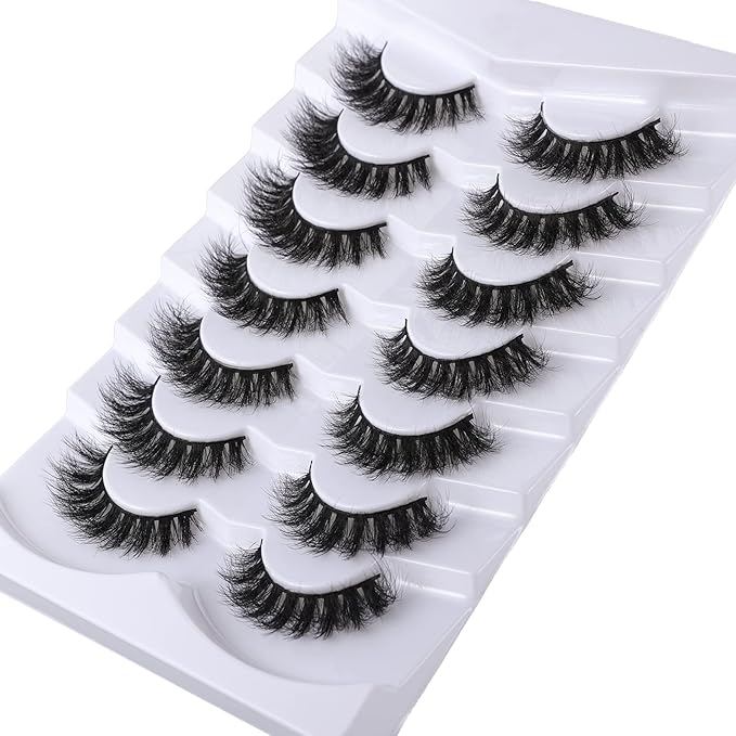 Fake Lashes False Eyelashes Cat Eye Lashes Faux Mink Lashes Natural Look 8D Fluffy Wispy Lashes That Look Like Extensions Pestañas Postizas D Curl Lash Strips 7 Pairs Pack