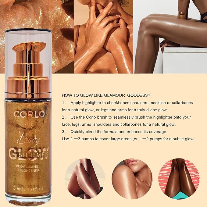 2 Pack Corlo Body Shimmer Oil Liquid Illuminator Highlighter Waterproof Long Lasting Moisturizing Bronze Luminizer Glow For Face Body (Glistening Bronze, 2pcs)