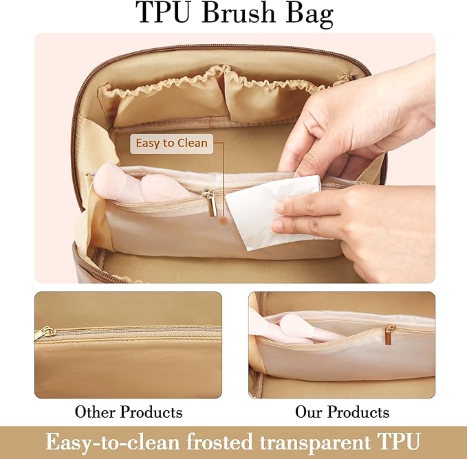 Birthday Gifts for Women Teen Girl, Personalized Initial Makeup Organizer Bag Set, Open Flat Travel Cosmetic Bag With Clear Divider and Handle(Brown,G)