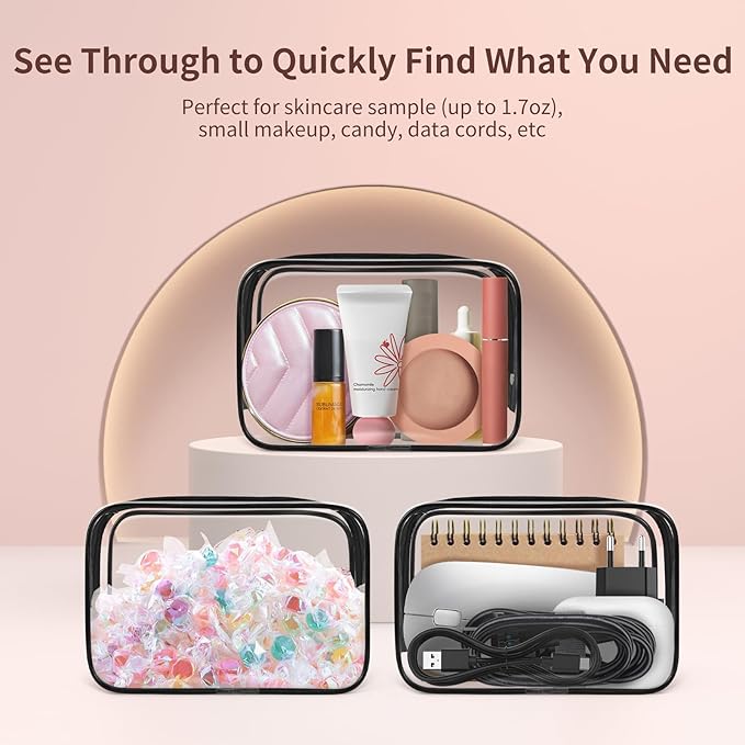 TISRATOK 12 PCS Clear Makeup Bag for Women with Zipper, TSA Approved Toiletry Pouch, Cosmetic Bag Bulk for Travel Organizer Essentials - Black,Small