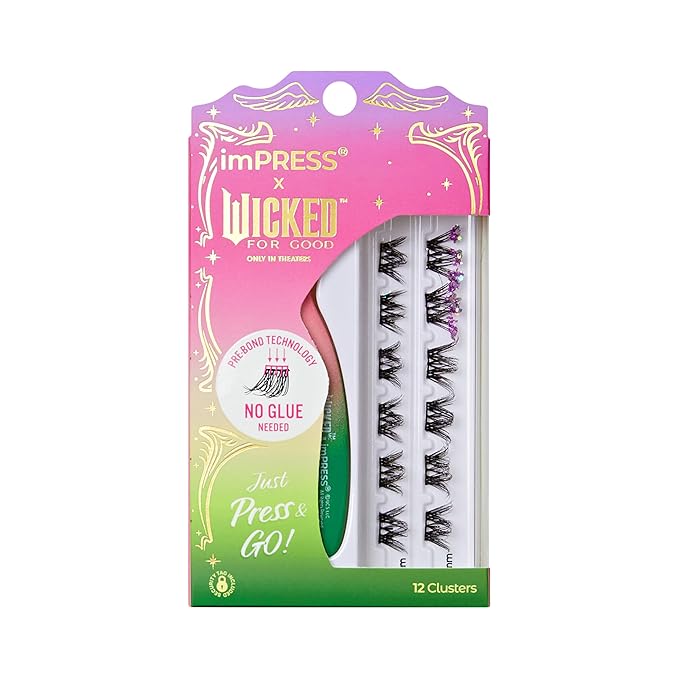 imPRESS X WICKED: FOR GOOD Press On Self Adhesive Eyelashes, ‘Forever My Friend’, 8mm-10mm Natural Volume Press On Lashes, Purple Glitter, 12 Lash Clusters & Non-Stick Mini Applicator