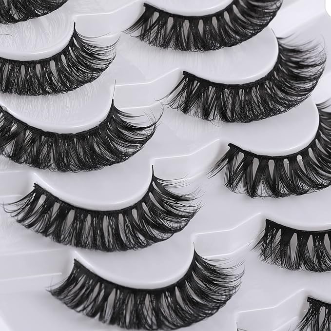 Russian Strip Lashes False Eyelashes Cat Eye Lashes Faux Mink Lashes Natural Look Fake Eyelashes Fluffy Wispy Lashes That Look Like Extensions Pestañas Postizas D Curl Lash Strips 7 Pairs Pack