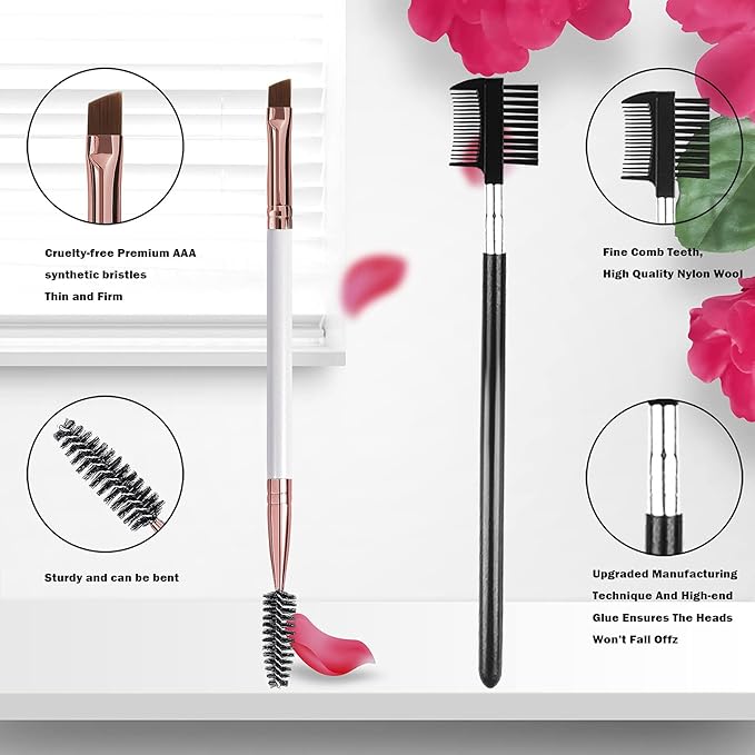 Duo Eyebrow Brush, Eyebrow Brush Eyelash Comb and Eyebrow brush, Professional Angled Eye Brow Brush and Spoolie Brush Set. (Black+White)