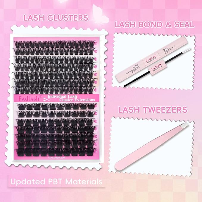 FADLASH Lash Extension DIY Kit Volume Fluffy Lash Clusters D Curl Cluster Lashes with Lash Bond and Seal Lash Tweezers for DIY Eyelash Extension at Home for Self Use（Kit 100D+200D-0.07D-12-18MIX）