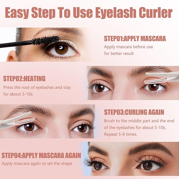 Heated Eyelash Curler - 2 in 1 Clip-Type, LED Display, 3 Temp Settings, USB Rechargeable, Natural Curling, 24H Long Lasting - Pink