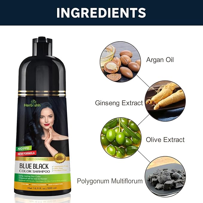 Herbishh Blue Black Hair Color Shampoo - 3-In-1 Magic Dye for Gray Hair 500 Ml + Argan Oil for Dull, Dry Damaged Hair 30ML