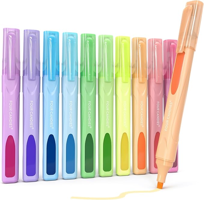 Four Candies Cute Pastel Highlighters, 10 PCS Highlighters Assorted Colors, Soft Chisel Tip, Clear Ink View, Aesthetic Highlighter Set for Organizing and Coloring & Back to School Supplies