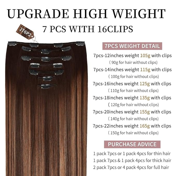 22 Inch Clip-in Hair Extensions Remy Human Hair for Women - Soft Handmade Real Human Hair Clip in Extensions, Straight, Thick, 165g 7pcs #2T(6P2) Color