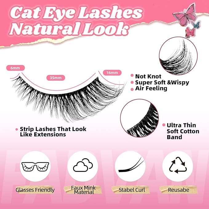 FADVAN 10 Pairs Natural Cat Eye Lashes Wispy False Eyelashes Thin Cotton Band Soft Mink Lashes Natural Flared Eyelashes