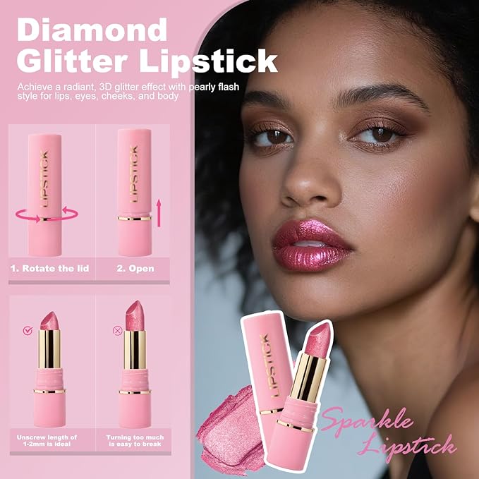 Metallic Lipstick Glitter Lip Stick Long Lasting Waterproof Shine Lip Crayon without Drying or Fading Sparkling High Pigmented Lip Stain Transfer-proof Wear Full Coverage Makeup for Women, 3