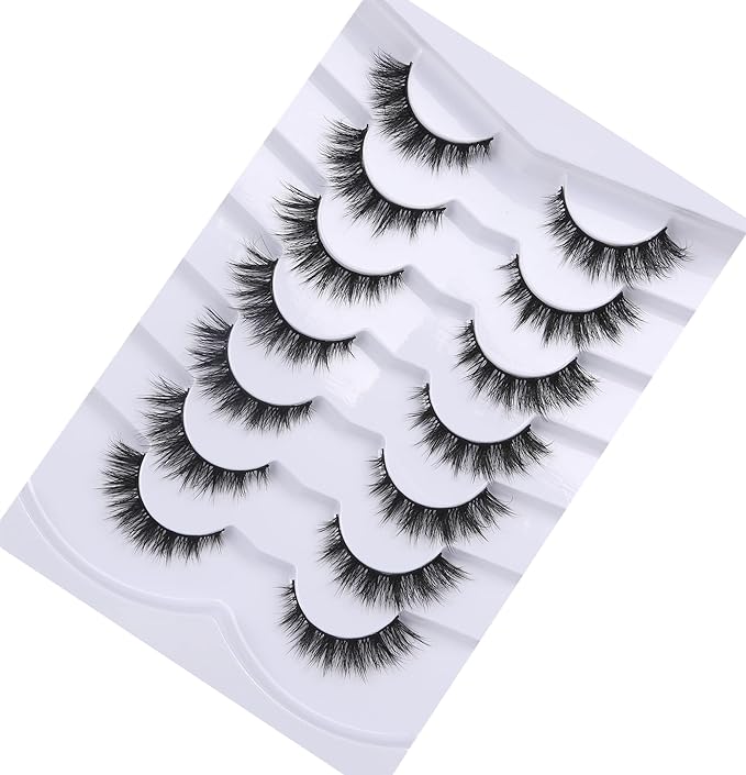 Pooplunch False Eyelashes Cat Eye Lashes Natural Clusters Short 8D Volume Wispy Faux Mink Lashes Fake Eyelash Strips 7 Pairs Pack