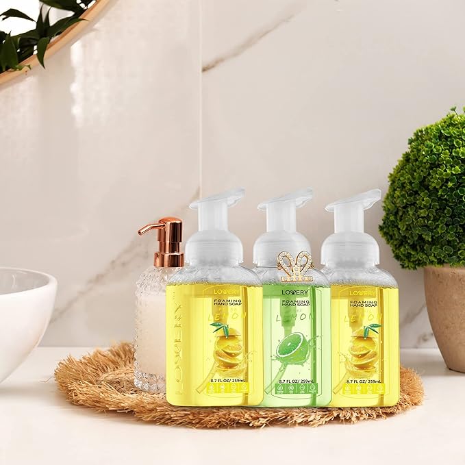 Foaming Hand Soap - Pack of 3 - Moisturizing Hand Soap with Aloe Vera & Essential Oils - - Alcohol-Free Hand Wash in Fresh Lemon, Lemon Lime, Basil Lemon Scent - Scented Hand Wash for Kitchen or Bathroom - Free Flawless Crystal Bracelet