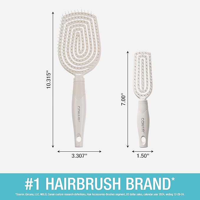 Conair Scalp Care Detangling hairbrush 2pk - Fullsize +Travel Hair Brush - Scalp Massager - hairbrushes for women & men - detangler for all lengths and types - can use wet or dry - Grey Luxe