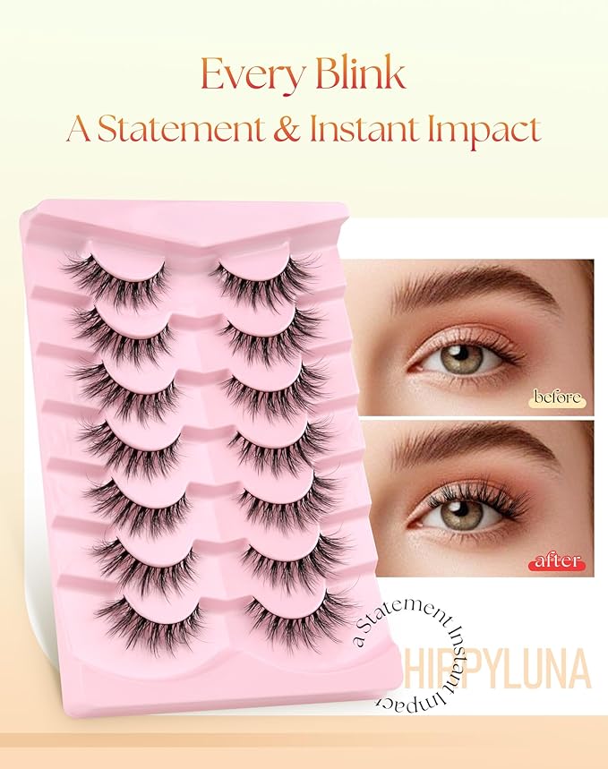 Wispy Lashes Cat Eye 15MM False Eyelashes Natural Look C Curl Natural Lash Strips Fake Eyelashes with 0.1MM Thin Band ChirpyLuna Cat Eyelash, 7 Pair