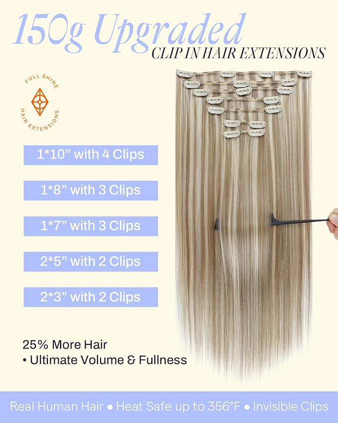Full Shine Clip in Extensions 20 Inch Golden Blonde Mix Light Blonde Thick Human Hair Extensions Full Head Clip in Human Hair Remy Straight Hair 7 Pcs