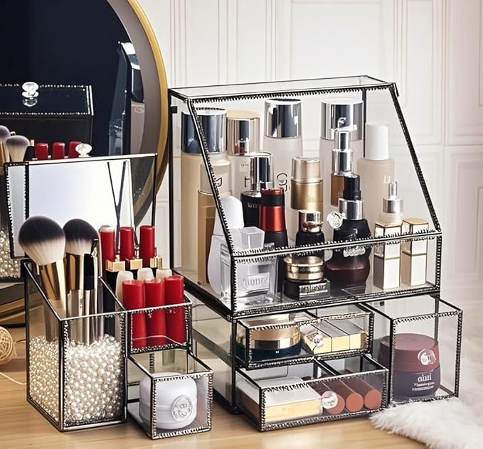 Stackable 3Pieces Drawer Set Glass Makeup Organizer Antique Countertop Vanity Cosmetic Storage Box Mirror Glass Beauty Display, Holder for Brushes Lipsticks Skincare Toner with free Pearl (Brass)