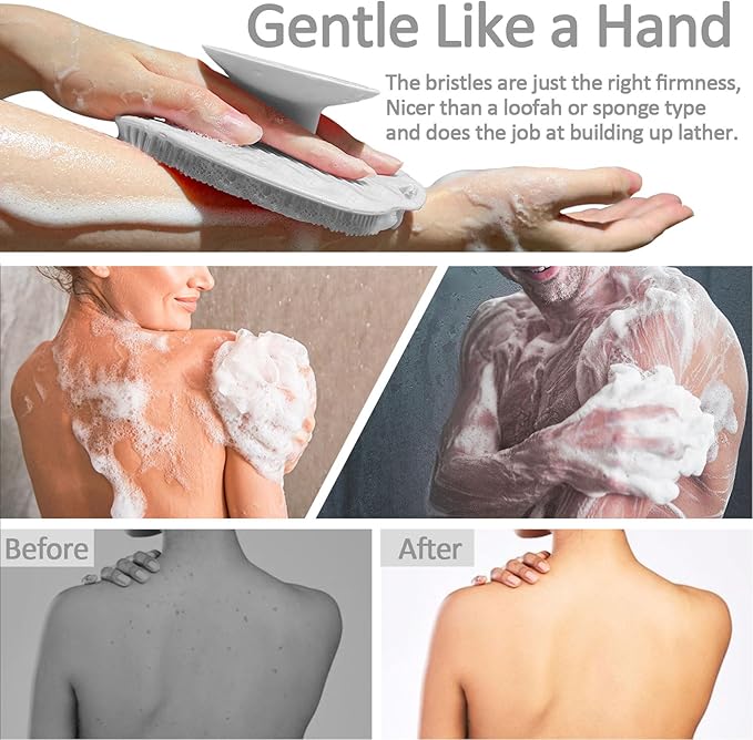 Soft Silicone Body Scrubber, Gentle Like a Hand Exfoliating Your Skin and Build Up Lather, Back Large Suction Cup Easy to Store, & Deep Clean (Body Scrubber + Face Scrubber Gray)