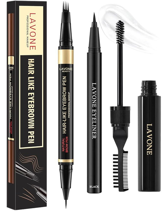 Eyebrow Pen Kit, with Microblading Eyebrow Pen, Eyebrow Gel, Eyeliner, Eyebrow Brush, Eyebrow Pencils for Women, Waterproof, Smudge Proof, Long Lasting Makeup Formula - Ebony