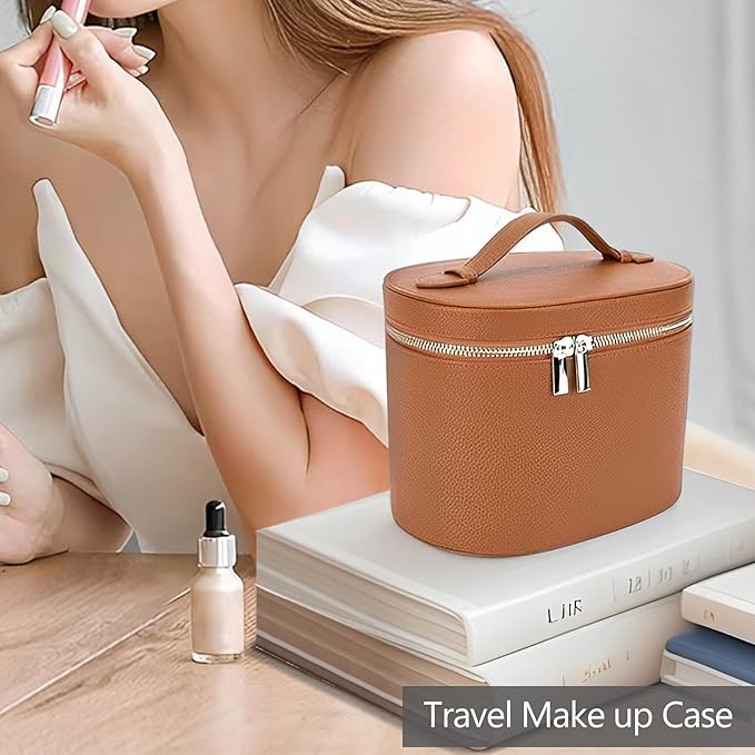 Upgrade Makeup Bag Travel Toiletry Bag Portable Cosmetic Makeup Organizer Bag Detachable Compartments (Brown-retro vibes style)