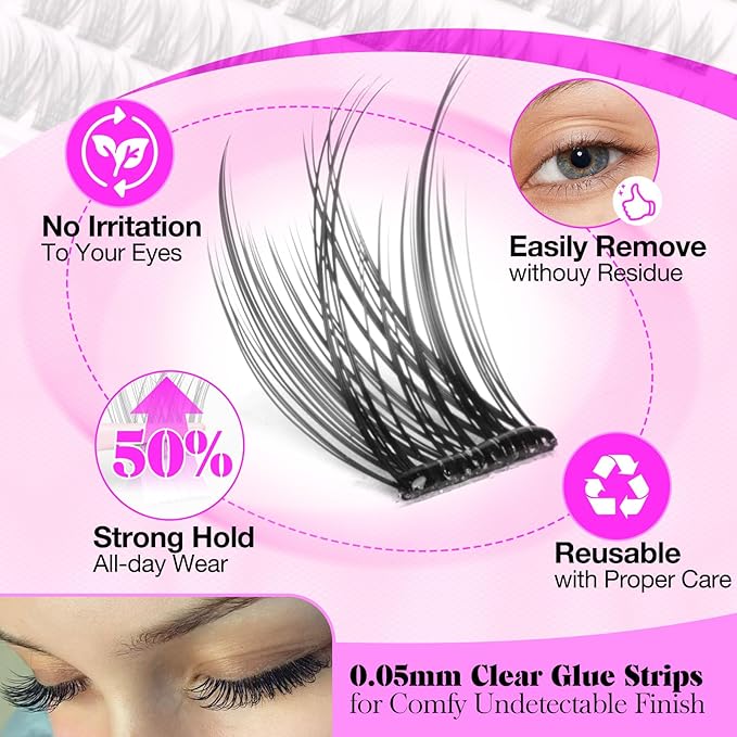 Yawamica Self Adhesive Eyelashes Wispy Lash Clusters No Glue Needed DIY Lash Extension 8-16mm Pre-Glued Eyelash Clusters Reusable Press on Lashes Natural C Curl Individual Lashes DIY Lash for Beginner