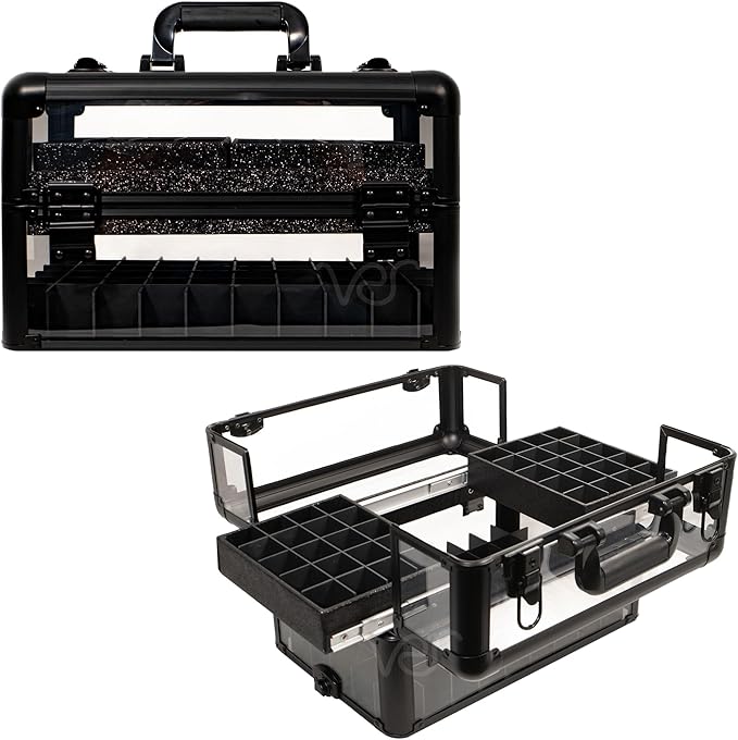 Ver Beauty Professional Armored Clear Acrylic Makeup Nail Tech Case with 2 Sliding Trays and Removable Dividers for Nail Polish Organizer Lockable Portable Travel Cosmetic Display Aluminum Case