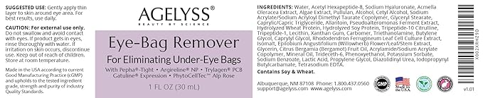 Agelyss Eye-Bag Cream - Deep Hydration - Puffiness, Dark Circles, and Wrinkles - Paraben-Free, Cruelty-Free, Vegan - 1 FL OZ