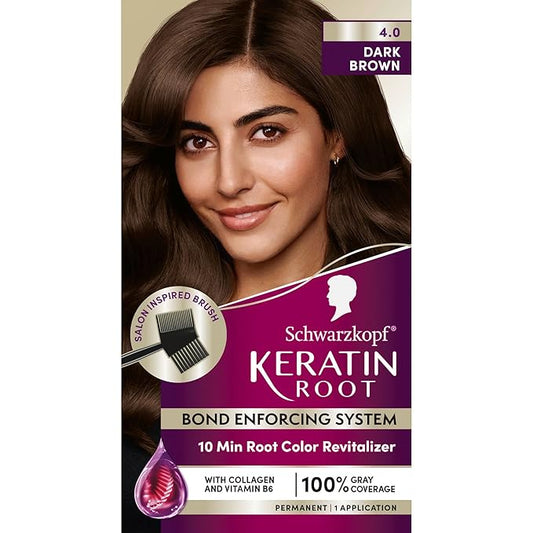 Schwarzkopf Keratin Root Permanent Hair Color Kit, 4.0 Dark Brown, 1-Application Root Touch-Up with Collagen & Vitamin B6, Complete Gray Coverage, Precision Brush, All Hair Types & Textures