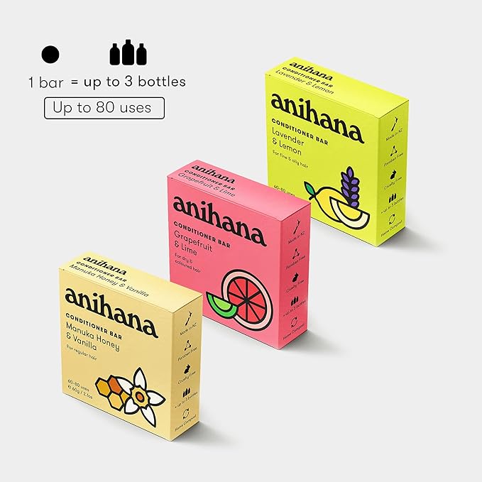 ANIHANA Conditioner Bar for Dry Damaged Safe For Color Treated Hair Moisturizing Hydrating Healthy Looking Hair Paraben Free Grapefruit and Lime 2.1 oz