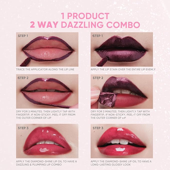 JUDYDOLL Peel Off Stain and Plumping Oil Duo - Long-Lasting Lip Stain with 3D Plumping Gloss, Hydrating and Non-Sticky Formula, Macaron-Inspired Lipstick (#01 Rosy Pearl)