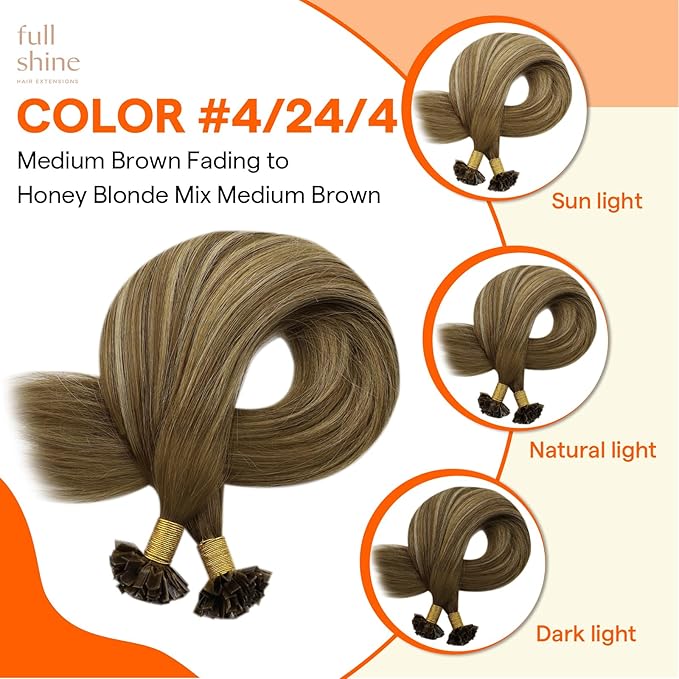 Full Shine Ktip Human Hair Extensions Medium Brown and Honey Blonde 14 Inch 50 Grams K Tip Hair Extensions Real Human Hair Prebonded Keratin Extensions Remy Hair