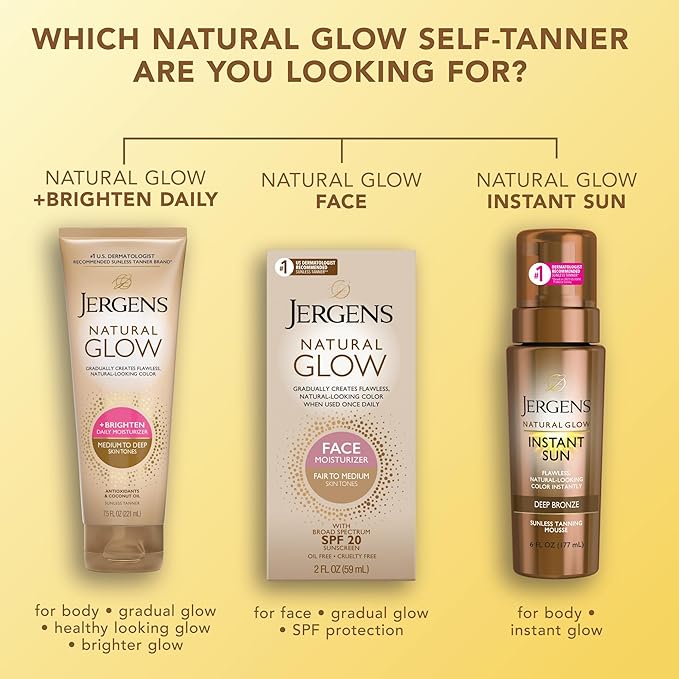 Jergens Natural Glow Self Tanner Body Lotion, Daily Sunless Tanning, Medium to Deep Skin Tone, Daily Moisturizer with Coconut Oil, Vitamin E and Antioxidants, 7.5 Oz, Pack of 2