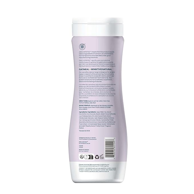 ATTITUDE Hair Shampoo for Sensitive Dry Scalp, EWG Verified, Soothing Oat, For Thin Hair, Naturally Derived Ingredients, Vegan and Plant-Based, Volume and Shine, Chamomile, 16 Fl Oz