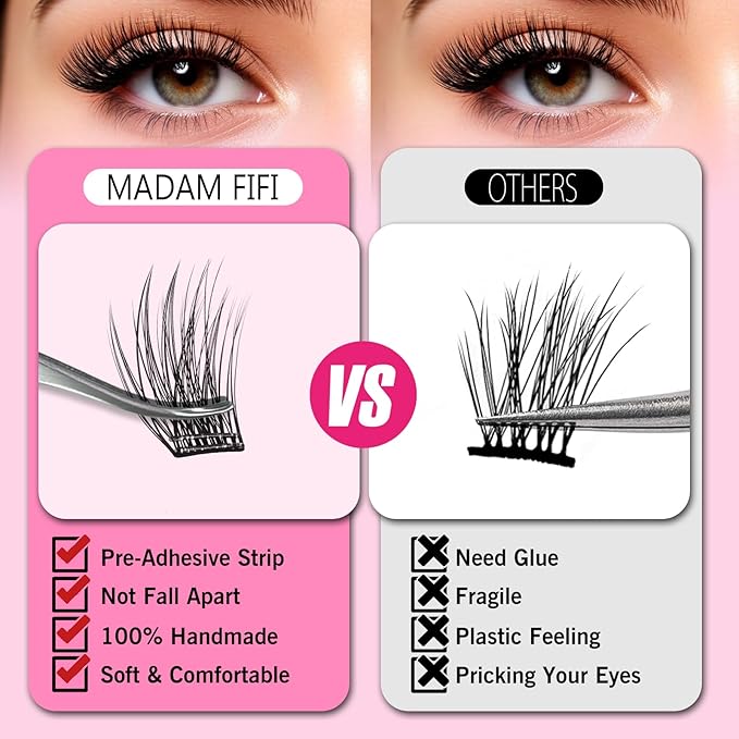 156 PCS Volume Self Adhesive Eyelashes Clusters, Invisible 2-Strip Tape - Longer Lasting, Pre Glued Eyelash Clusters, No Glue Needed Lashes C-Curly Eyelash Clusters with Tweezers