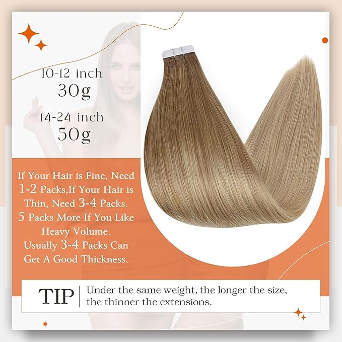 Full Shine Tape in Hair Extensions 22Inch Double Sided Tape in Hair Ombre Color 10 Golden Brown Fading to 14 Dark Blonde Real Hair Extensions 50G 20Pcs Seamless Skin Weft Remy Tape Extension for Women