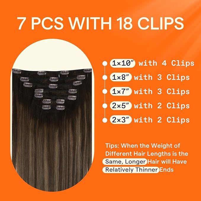 Full Shine Dark Brown Human Hair Clip in Extensions Double Weft Clip in Hair Extensions Real Human Hair Balayage Brown Remy Straight Hair Extensions 20 Inch 7 Pcs 120 G